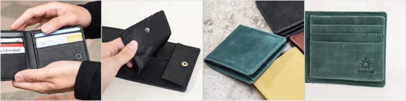 オールレザーコンパクト二つ折り財布の外装とボックス型小銭入れ