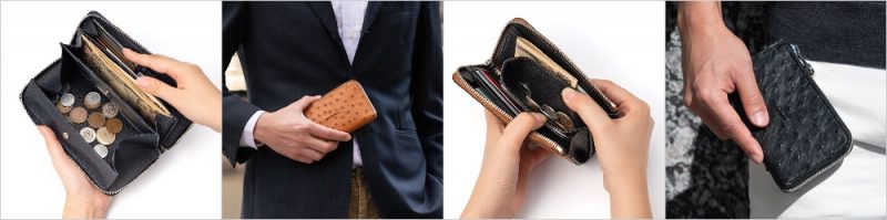 HMAEN（アエナ）・オーストリッチモデルの財布の外観と内装収納ポケット